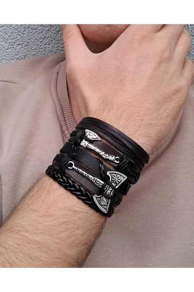 BSN Viking Thor Nordic Axe Figure 5 Pieces Handmade Genuine Leather Bracelet