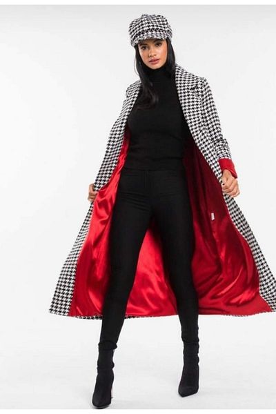 Sosyete Kaplumbağa Goose Feet Patterned, Double Pocket, Red Satin Lined Long Coat