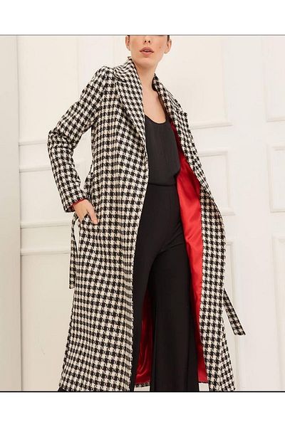 Sosyete Kaplumbağa Goose Feet Patterned, Double Pocket, Red Satin Lined Long Coat