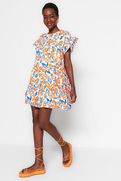Trendyol Collection Oranges florales Etuikleid/weit geschnittenes Mini-Gewebekleid TWOSS22EL0867