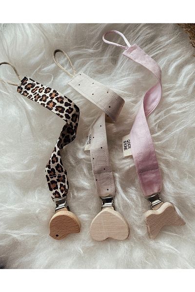 GOER STORE 3-Piece Natural Wooden Bird-Heart-Butterfly Pink Detailed Baby Girl 100% Cotton Baby Pacifier Strap