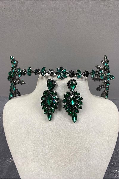 Hobigram Set de coroană de mireasă și cercei subțiri cu model Selen verde pe două fețe – Coroană, piatră de cristal – T