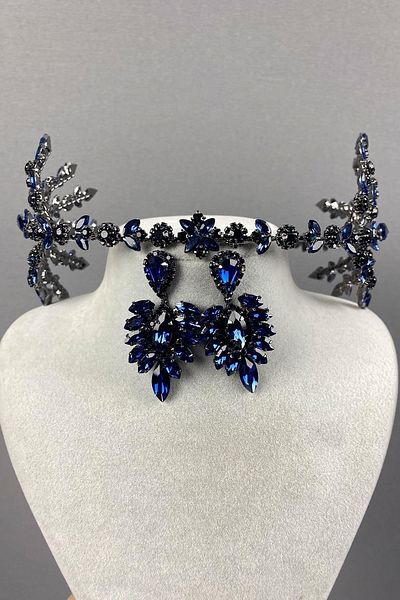 Hobigram Set de coroană de mireasă și cercei subțiri cu selen model Selen albastru bleumarin – coroană, piatră de cristal