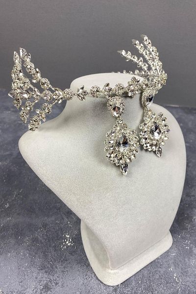 Hobigram Set de coroană de mireasă și cercei cu selen dublu argintiu model Henna – Coroană, piatră de cristal – Coroană