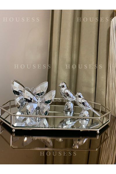 Housess Decorative Mirrored Orchid Tray and 2-Piece Bird, 2-Piece Butterfly Decoration Set