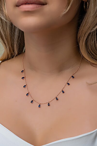 Nereze 925 Ayar Gümüş Rose Sıralı Damla Lacivert Taşlı Kolye