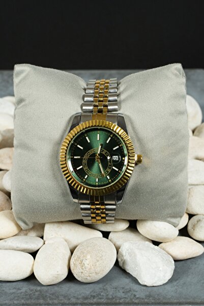 SC Metal Gold Erkek Kol Saati Iç Kasa Bölümü Yeşil Çerçevesi Kordunu Gold Şık Günlük Kol Saati