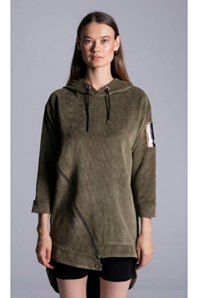 Hepsibitarz Kadın Yeşil Kadife Tasarım Kapüşonlu Sweatshirt