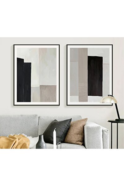 Linacci Комплект от две черни алуминиеви картини с геометрични мотиви, с рамка от метал и стъклено покритие в сиво и бяло