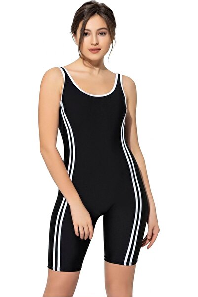 Swana Kadın Siyah Uzun Şortlu Şeritli Düz Yüzücü Mayo