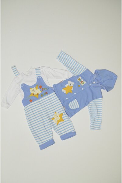 Baby Slon Kids Clup Mevsimlik Interlok Ayılı Çizgili Üçlü Bahçıvan