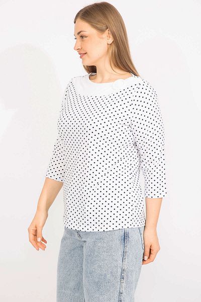 Şans Women's White Large Size Cotton Fabric Blouse with Ornamental Buckle on the Collar and Point Pattern 65n35561