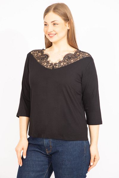 Şans Women's Black Large Size Lace Detailed Blouse 65n35576