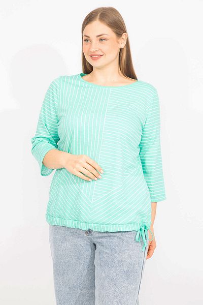 Şans Γυναικεία Πράσινη Plus Size Βαμβακερή Μπλούζα Συνδυασμένη Ρίγα 65n35571