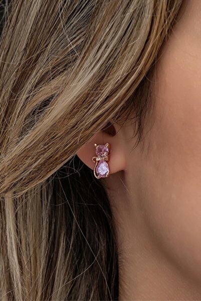 Nereze 925 Ayar Gümüş Rose Pembe Taşlı Kedi Küpe