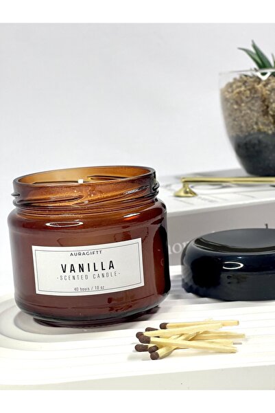 AURAGIFTT 300ml Amber Cam Kavanoz Mum, Kapaklı, Vanilyalı, Beyaz Etiket