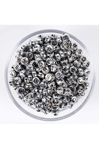 Hobimos 25gr Letter Beads - 4x7mm Flat Silver Color Black Letter Beads on Ground (25gr,~185 Pieces)