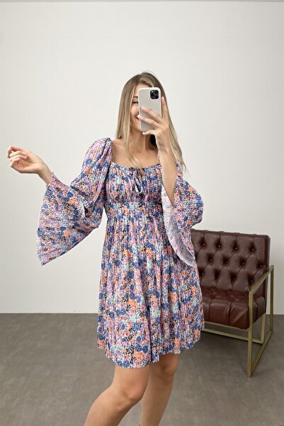Sue Store Renkli Çiçekli Geniş Kollu Mini Elbise
