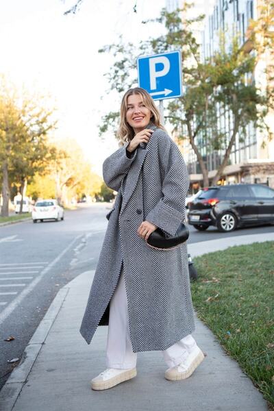 Sue Store Γκρι μαύρο μοντέλο ψαροκόκαλο με επένδυση Oversize μάλλινο παλτό