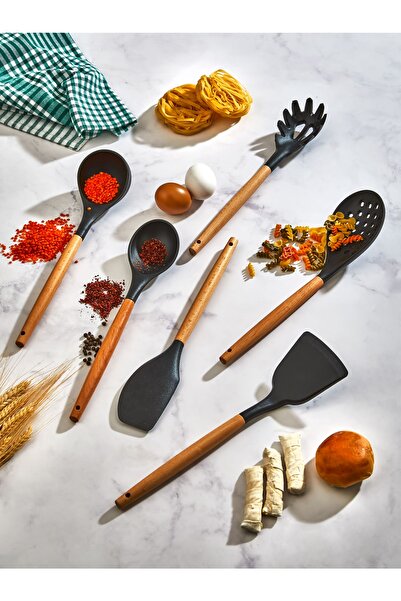 İLİVA 6 Parça Ahşap Saplı Silikon, Siyah Kevgir, Kaşık, Spatula, Kepçe, Makar...