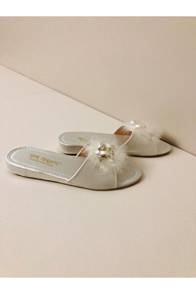 ARDİNA Kadın Tüylü Krem Çeyizlik Incili Gelin Ev Terliği