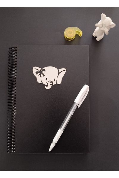 Tasarım Siyah Defter Black Leaf Spiral Notebook 17x24cm 165 Gr. Notebook with 70 Pages and White Gel Pen Wooden Cover