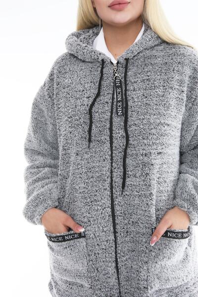 OLİMLEYA Gray Zippered and Hooded Large Size Wellsoft Plush Cardigan