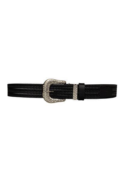 GoDeri %100 Hakiki Deri, Gümüş Taşlı Tokalı, Metal Taşlı Köprülü Siyah Kadın Kot Kemeri 4 Cm=an-byn-66