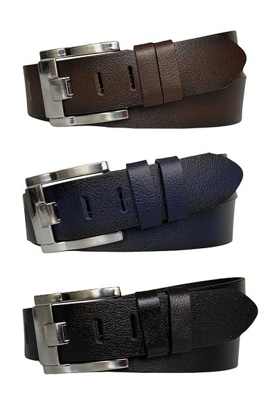 GoDeri Set 100% piele naturală, 3 piese, negru, bleumarin, maro, blugi de 4,5 cm, centură sport, cataramă strălucitoare nouă