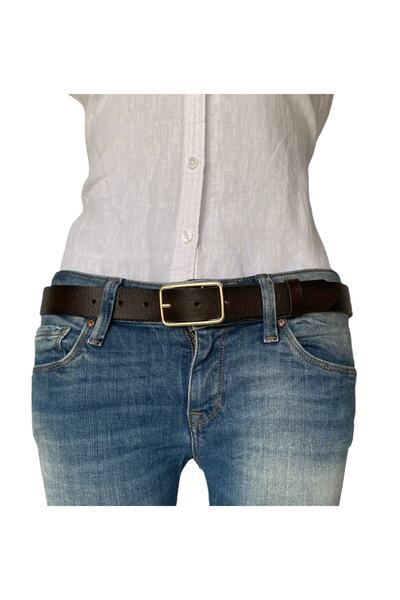 GoDeri %100 Hakiki Deri Gold Dikdörtgen Tokalı Koyu Kahverengi Ince Kadın Kemeri, 3cm=3cm-kdn-05