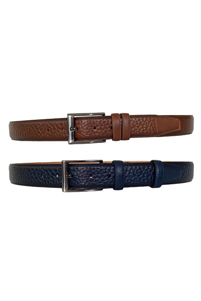 GoDeri Набір з 2-х класичних шкіряних ременів з швами; темно-синій, коричневий, 3,5 см = на замовлення