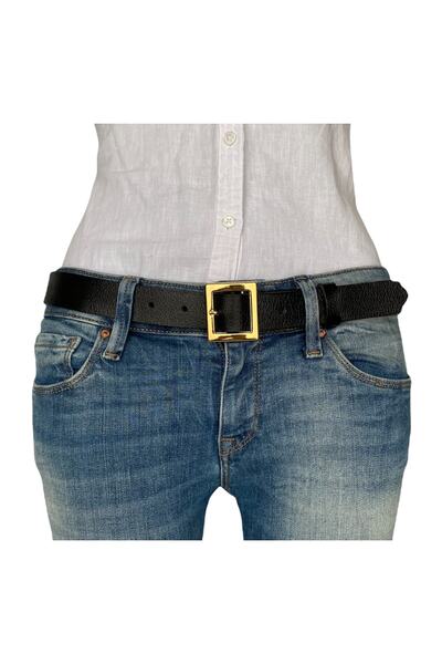 GoDeri %100 Hakiki Deri Gold Tokalı Siyah Ince Kadın Kemeri, 3cm=3cm-kdn-18