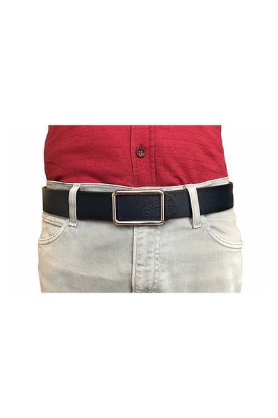 GoDeri New Trend Genuine Leather - Pin, Shiny Silver Buckle, Durable Navy Blue Belt 4 Cm