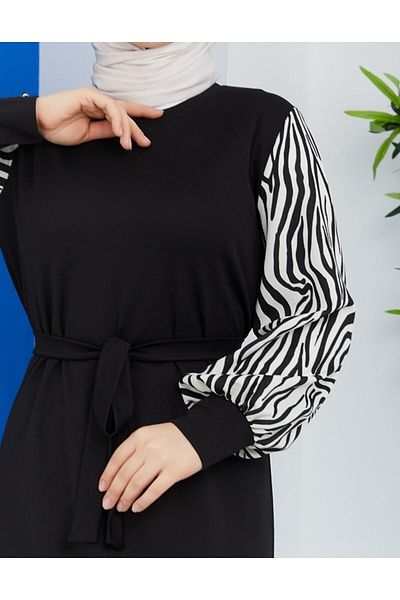 VOLT CLOTHİNG Zebra Patterned Long Length Hijab Dress