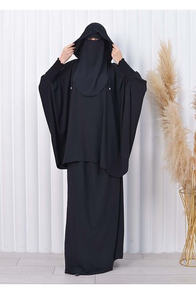SHEHBA 3 Piece Set Abaya Black - Standard Size, Hooded with Veil 824