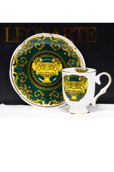 LEONARTE CASA Single Green Crown Pattern Coffee Cup and Saucer