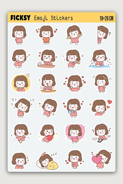 Ficksy Kawaii Stili Sevimli Küçük Kız Mood Emoji Temalı Sticker Seti - 24 Ade...