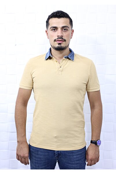 FBI Erkeke Hardal Polo Denim Yaka Nakışlı Pike Slim Fit T-shirt F559