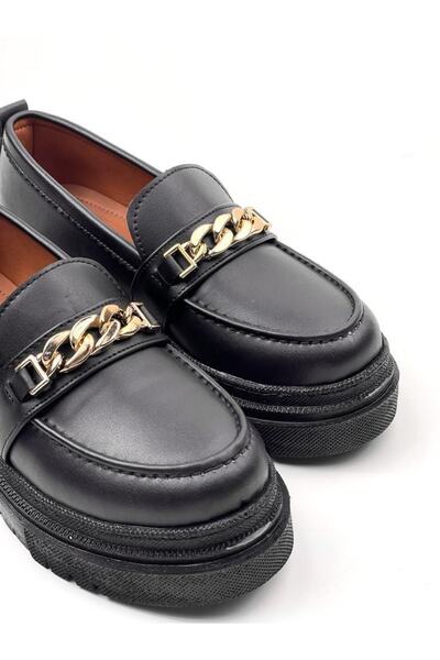 bescobel Dámské černé boty Moxyy Skin Poly Ortopedic Comfort Sole Chain Oxford Loafer s vysokou podrážkou
