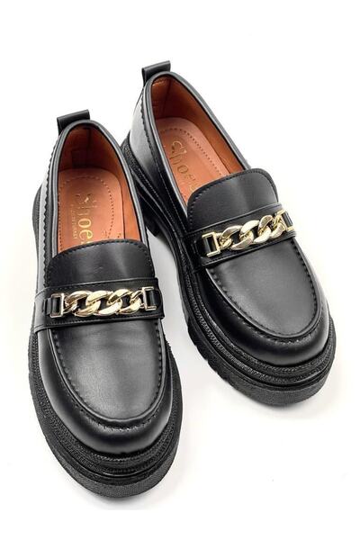 bescobel Dámské černé boty Moxyy Skin Poly Ortopedic Comfort Sole Chain Oxford Loafer s vysokou podrážkou