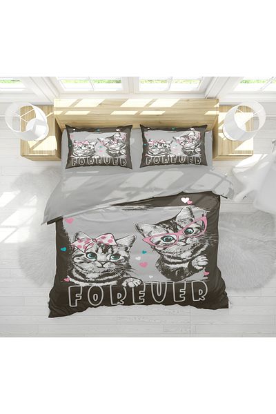 Erays Home Σετ Παπλωματοθήκης Ζευγαριού Cute Cats 3D Digital Printed
