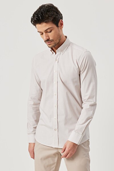 ALTINYILDIZ CLASSICS Men's Beige Slim Fit Narrow Cut Button Collar Patterned Shirt