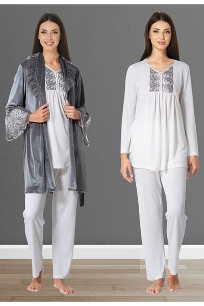 by İGP Women's Gray Velvet Maternity Pajama Set with Dressing Gown