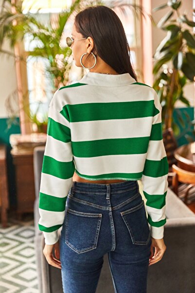 Olalook Women's Grass Green Polo Collar Buttoned Light Ribbed Crop Thick Sweatshirt SWT-19000611