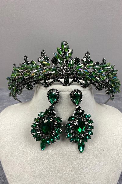 Hobigram Set de coroană și cercei de mireasă cu model Marvel Henna cu cristal verde – Coroană, piatră de cristal, model elegant – Coroană
