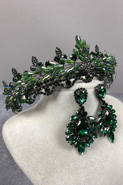 Hobigram Set de coroană și cercei de mireasă cu model Marvel Henna cu cristal verde – Coroană, piatră de cristal, model elegant – Coroană