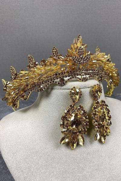 Hobigram Set de coroană de mireasă și cercei cu trei navete Marvel Model Henna cu cristal de culoare miere – Coroană, piatră de cristal – Coroană