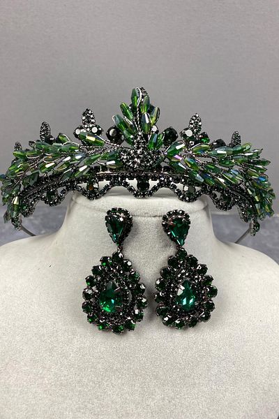 Hobigram Set de coroană de mireasă și cercei cu piatră de cristal verde Marvel Model Henna – Coroană, piatră de cristal – Coroană –
