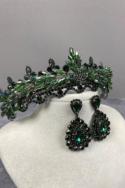 Hobigram Set de coroană de mireasă și cercei cu piatră de cristal verde Marvel Model Henna – Coroană, piatră de cristal – Coroană –