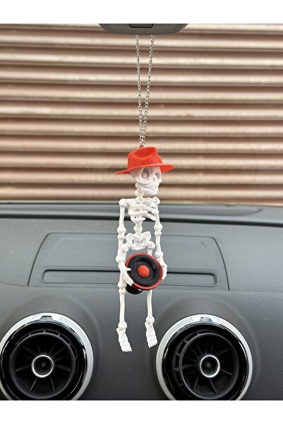 3dbaydesign Fötr Şapkalı Bass Tutan Iskelet Ayna Süsü ( Lskelet Beyaz Bass Ve...